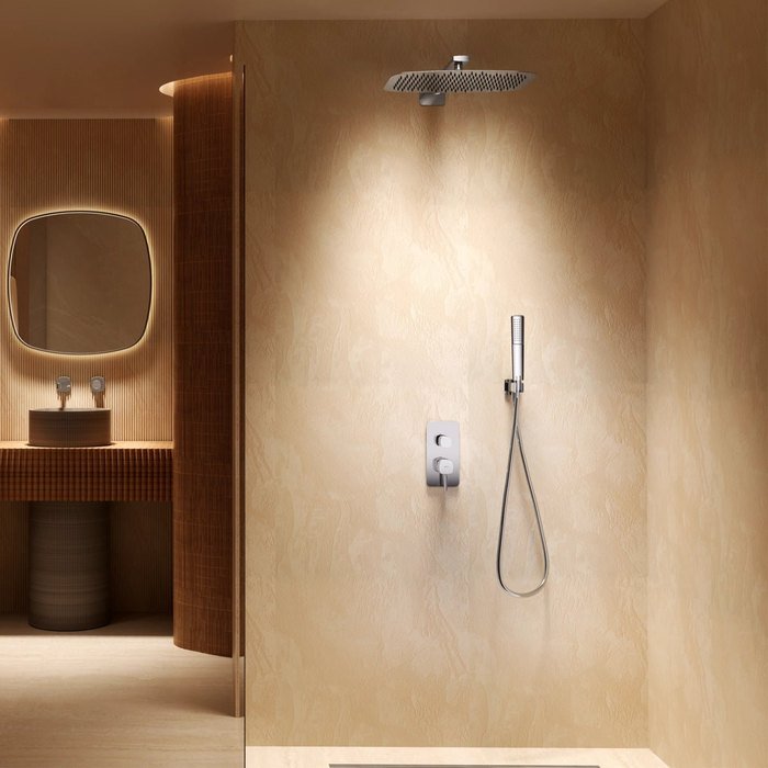 Ducha empotrada Toscana. Imex. Conjunto de ducha empotrado: en la pared solo quedan el mando y la ducha