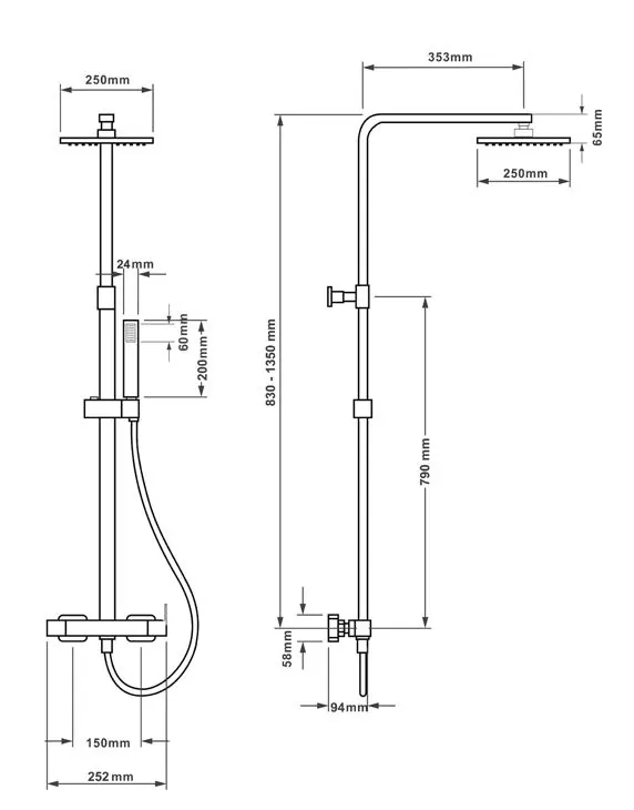 Colonne de douche Loira, plan coté