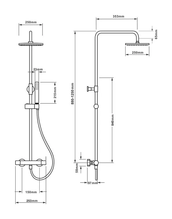 Colonne de douche Sena, plan coté