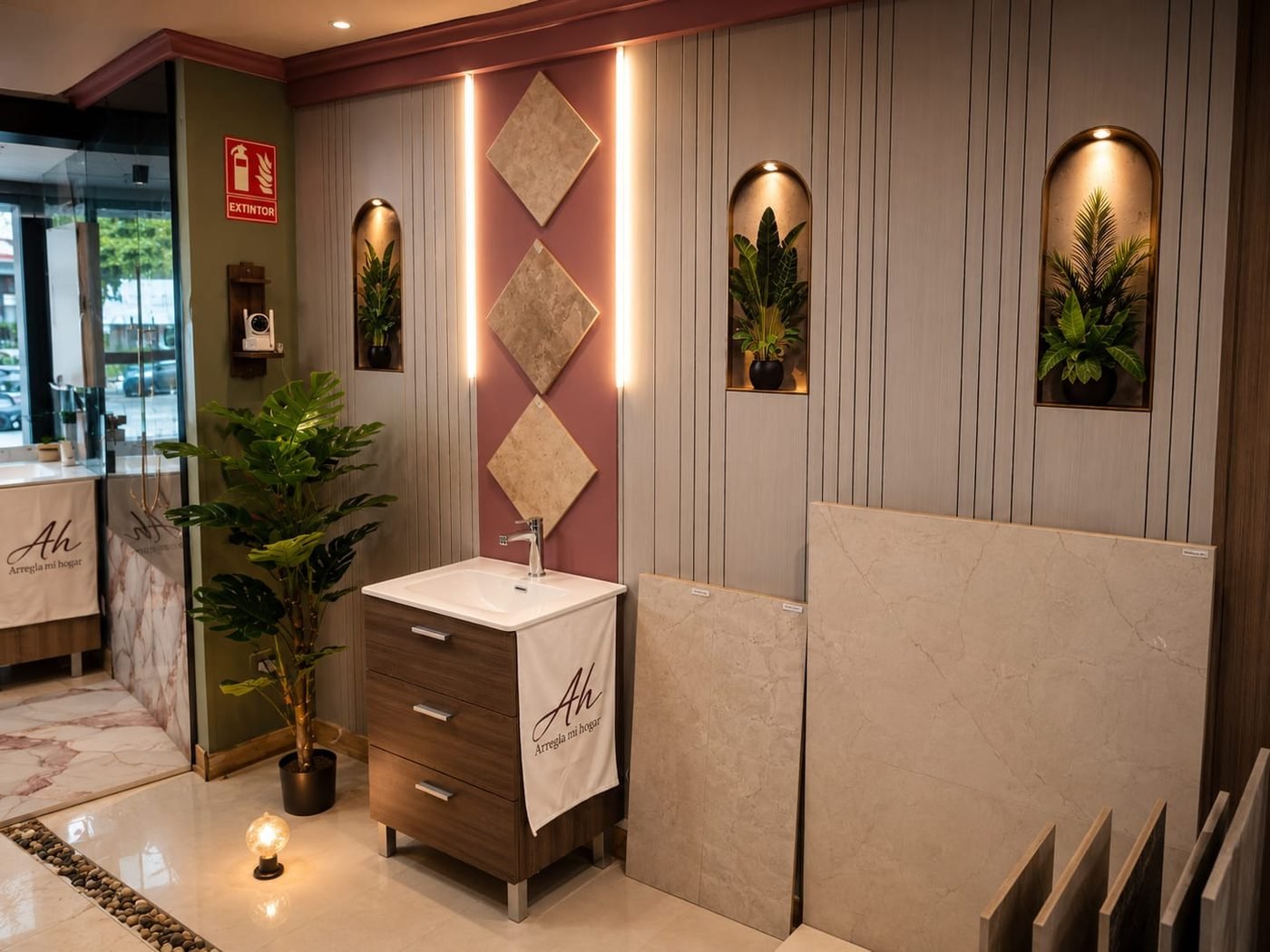 Rincón de la exposición con un mueble de baño montado y muestras de porcelánico apoyadas