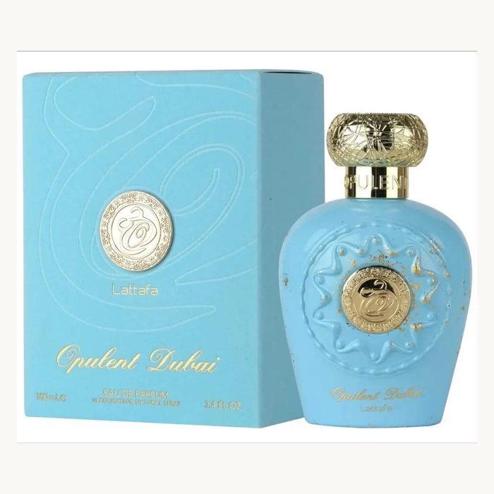 Opulent Dubai. Lattafa. Eau de parfum de 100 ml en flacon bleu ciel en relief avec bouchon ajouré doré