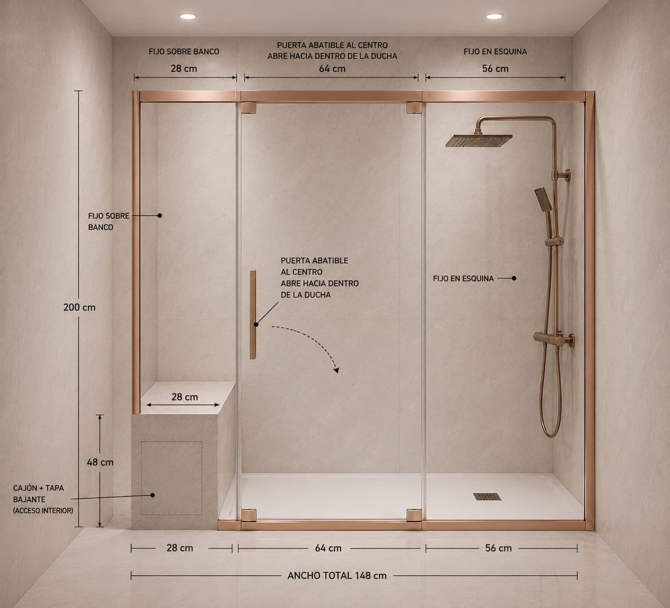 Dimensioned drawing of a made-to-measure screen: fixed panel over a 28 cm bench, 64 cm hinged door and 56 cm corner fixed panel, 148 cm total width and 200 cm high