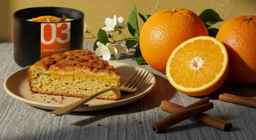 Vela de naranja y canela encendida junto a un bizcocho, naranjas partidas y ramas de canela