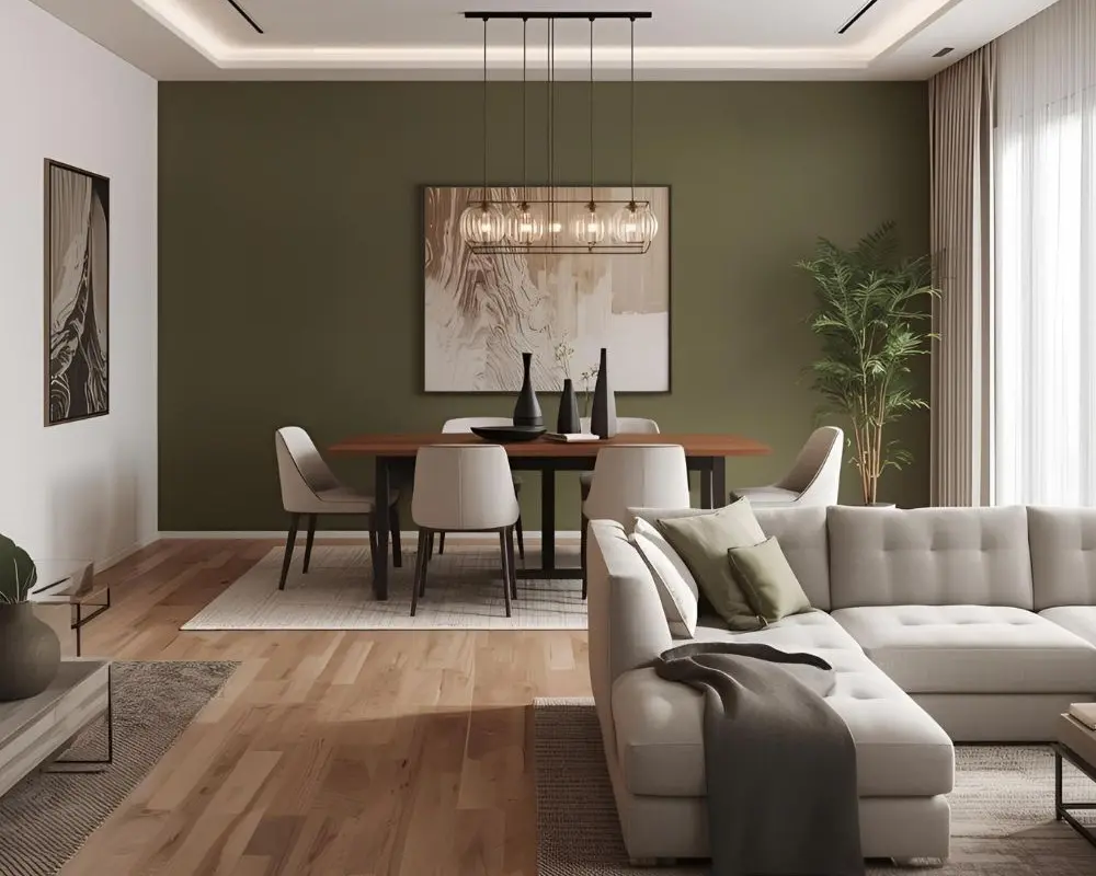 Comedor moderno con mesa de madera, sillas blancas y detalles decorativos en un ambiente minimalista y elegante.