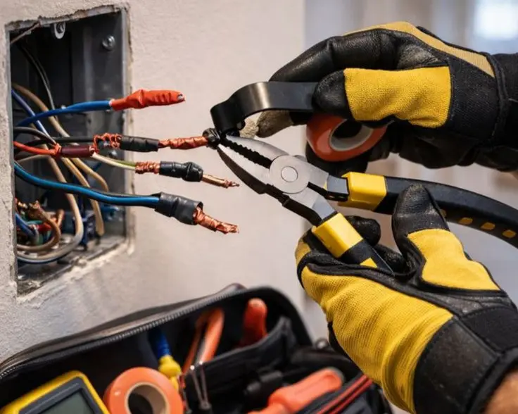 Electricista realizando una reparación de cables eléctricos con alicates y cinta aislante en una pared.