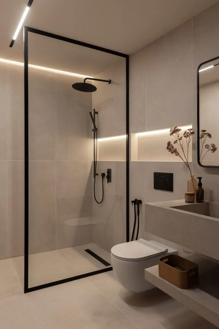 Baño moderno con ducha de cristal, inodoro suspendido y lavabo flotante.
