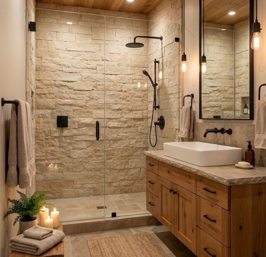 Estilo Baño Rustico con ducha, fregadero de madera, espejo y paredes blancas