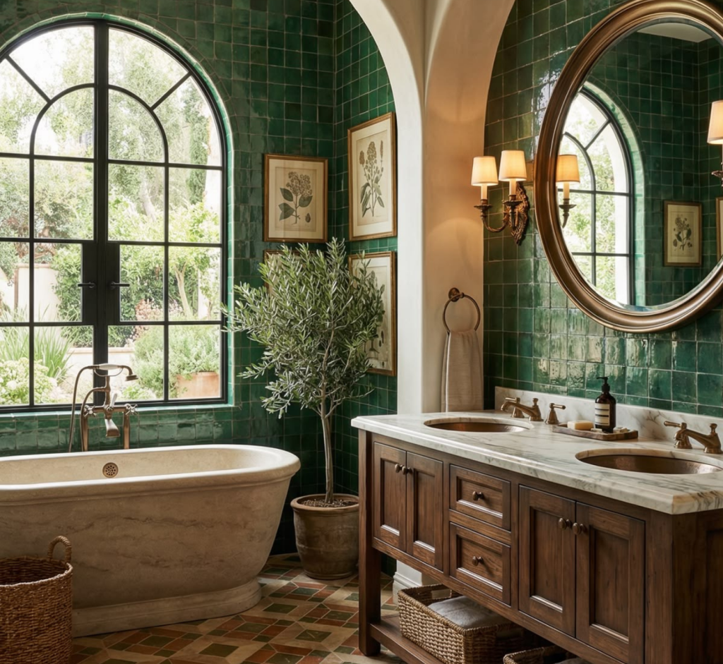 Estilo Baño Tradicional con bañera, dos fregaderos de marmol y espejo