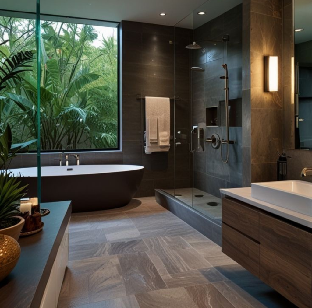 Estilo Baño contemporaneo con bañera, suelo de madera, ventana y fregadero
