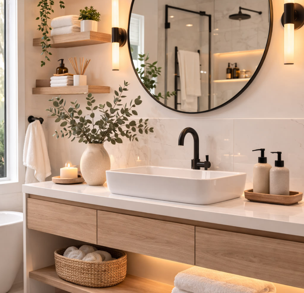 Estilo Baño escandinavo con fregadero de marmol, espejo y plantas