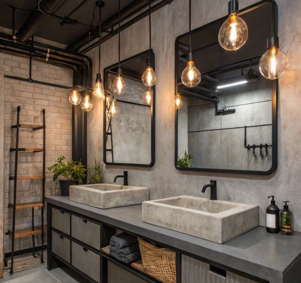 Estilo Baño industrial con lamparas, dos fredaderos de marmol y dos espejos