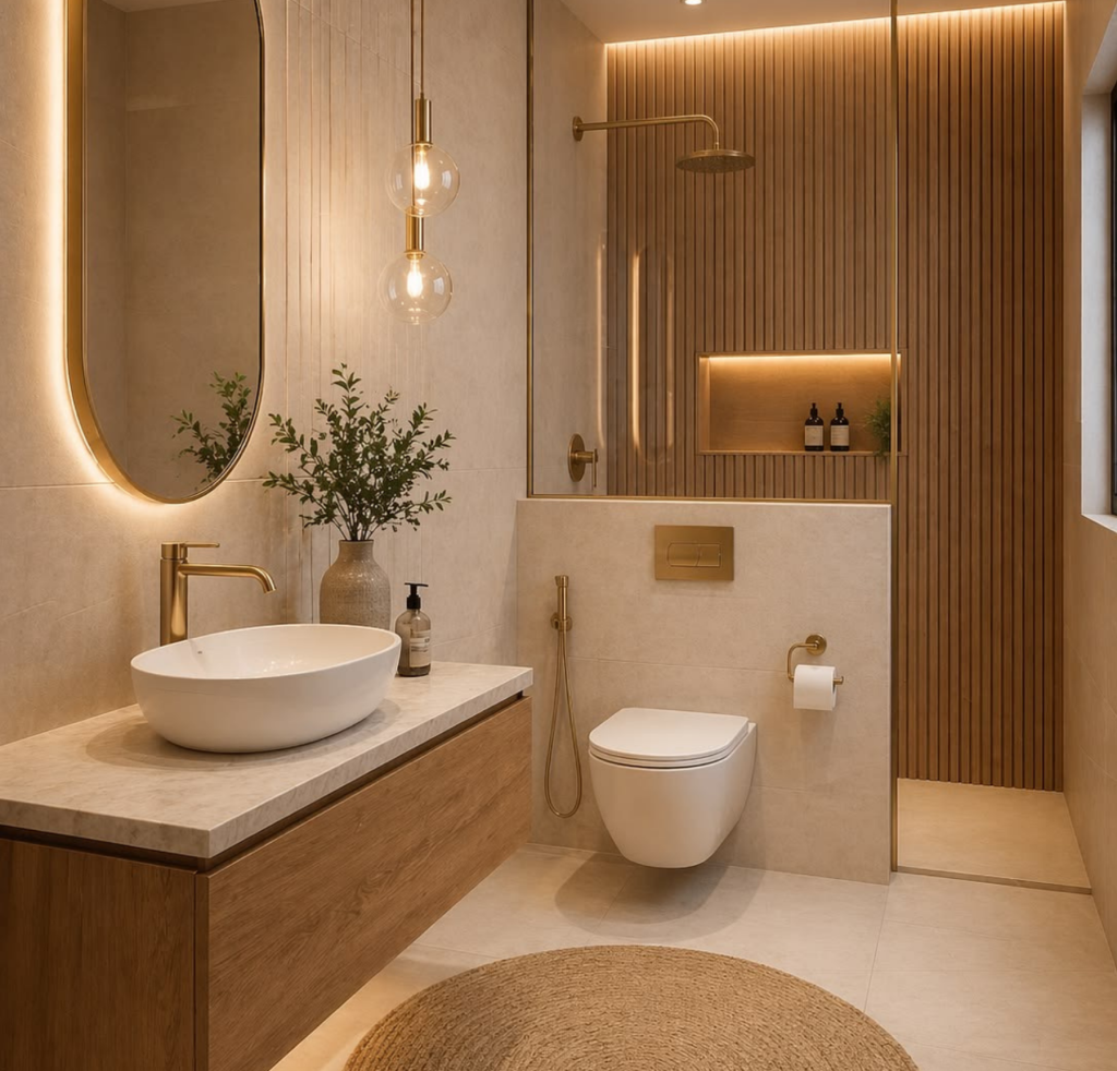 Estilo Baño minimalista con espejo, ducha y fregaderos de madera y marmol