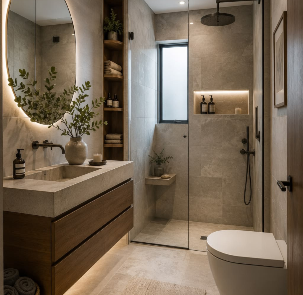 Estilo Baño moderno con espejo, ducha y fregadero