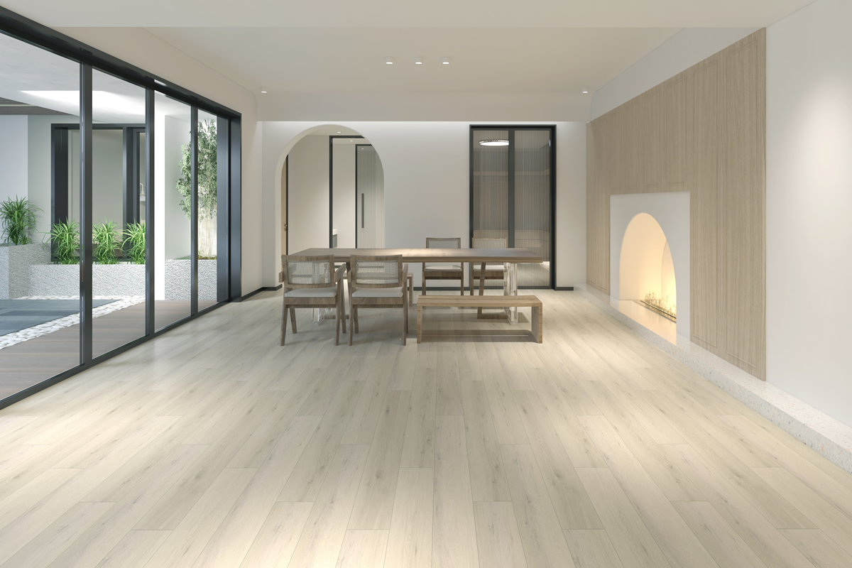 Suelo vinílico modelo Sapin con capas fusionadas, diseño impreso que imita la apariencia de madera de abeto y capa superior transparente resistente al desgaste.