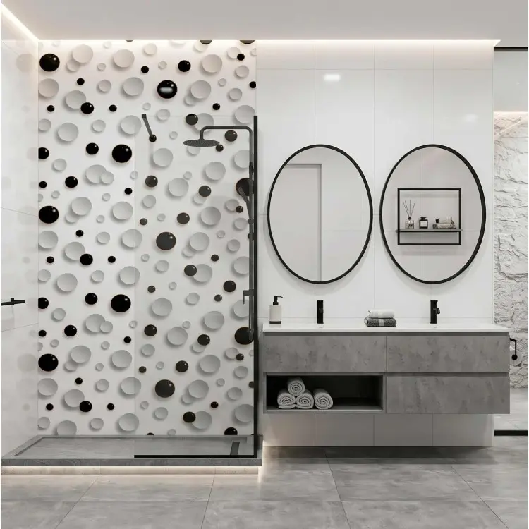 Panel decorativo tridimensional de círculos en blanco y negro para baño de diseño moderno fabricado con mezcla de minerales y resinas, con superficie sólida y resistente.