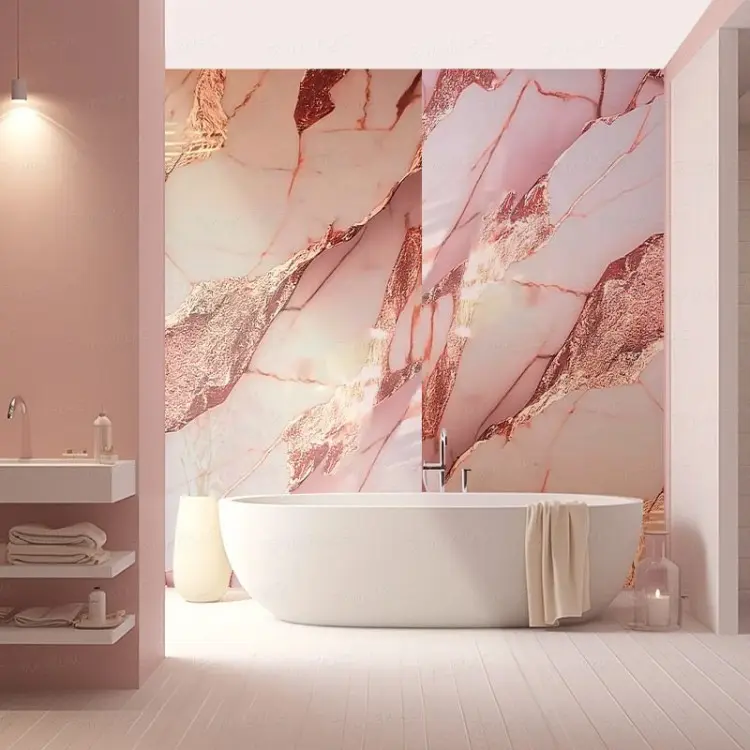 Placas decorativas efecto mármol rosa, fabricadas con mezcla de minerales y resinas, diseño moderno de baño resistentes y con acabado suave al tacto.