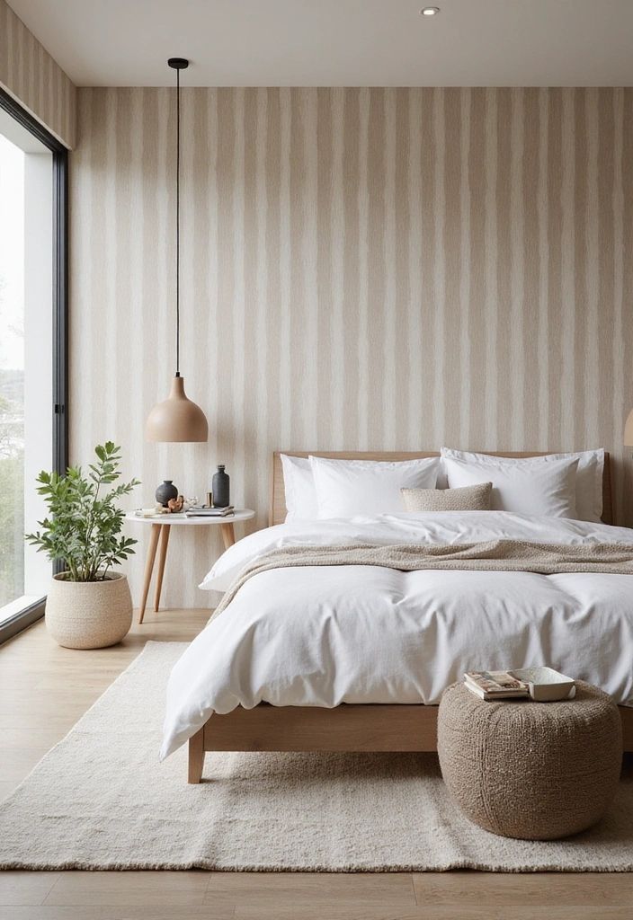 Dormitorio moderno con cama blanca, lámparas colgantes y detalles en madera.