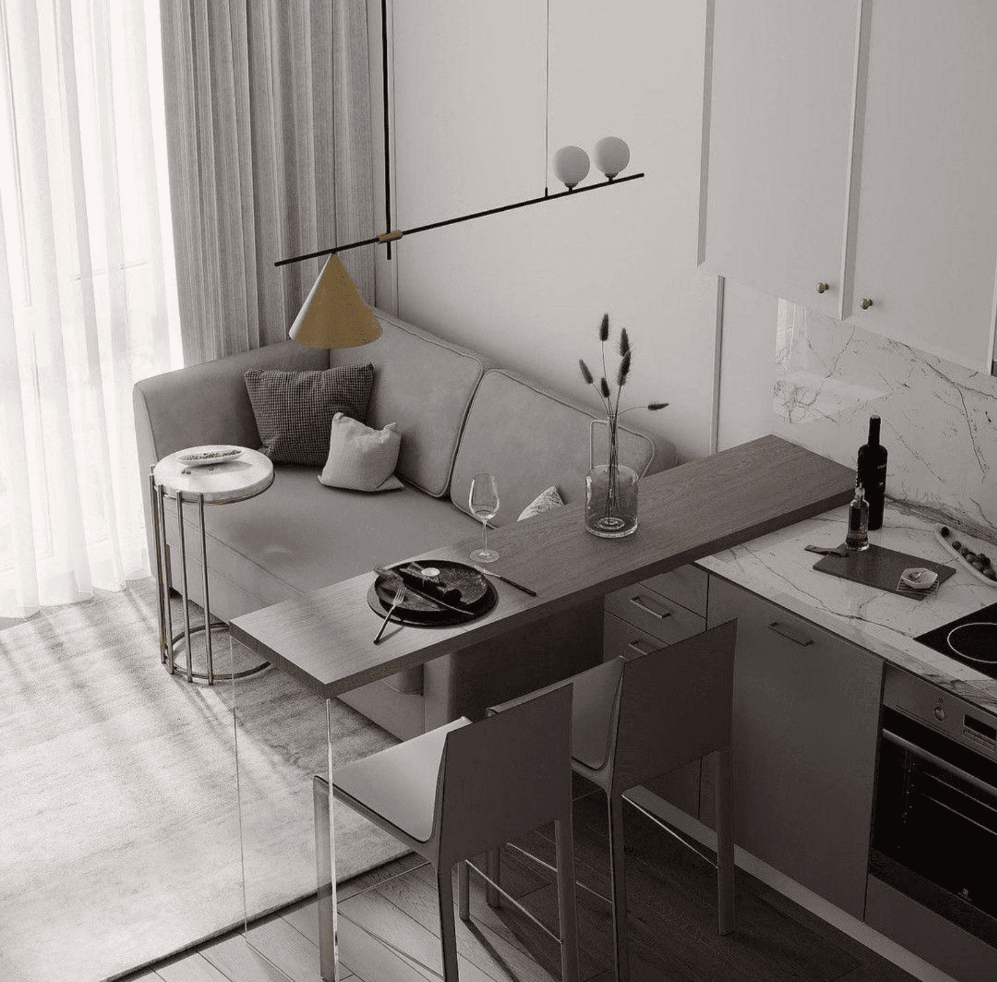 Estilo minimalista salon con sofa gris