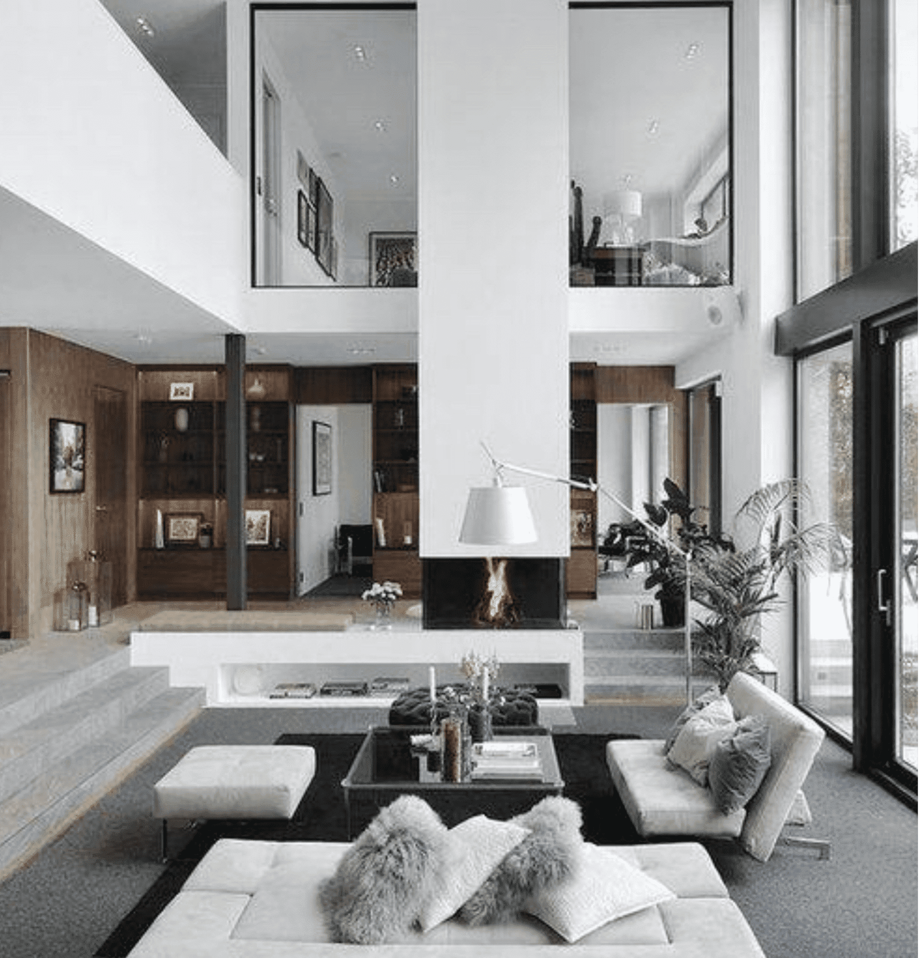 Estilo moderno salon grande blanco y gris