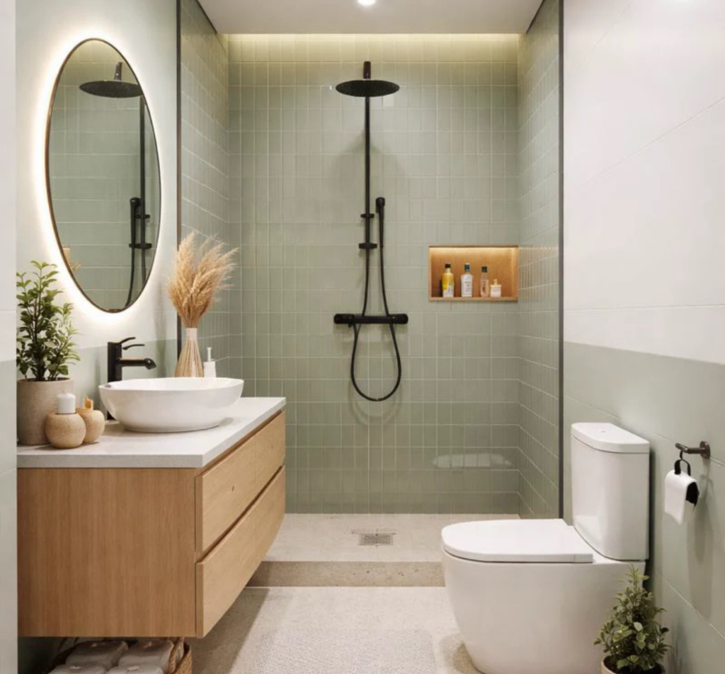 Estilo despues reforma baño con fregadero, ducha y espejo